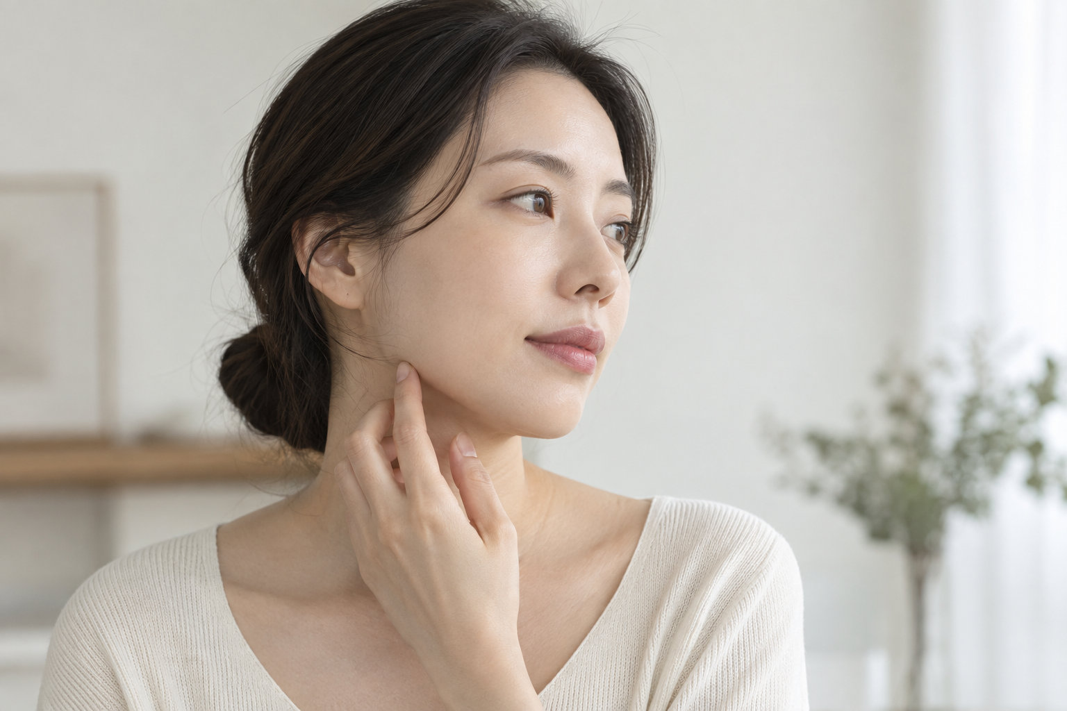 자연광에서 턱선을 짚는 성인 여성의 옆얼굴