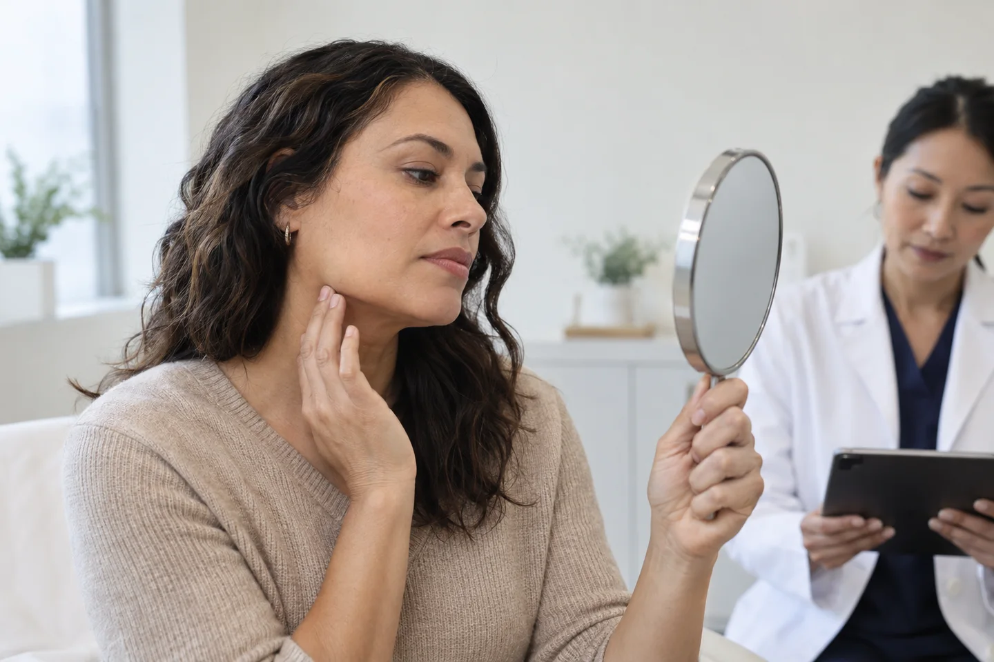 A woman examines the contour of her jaw during a clinical consultation