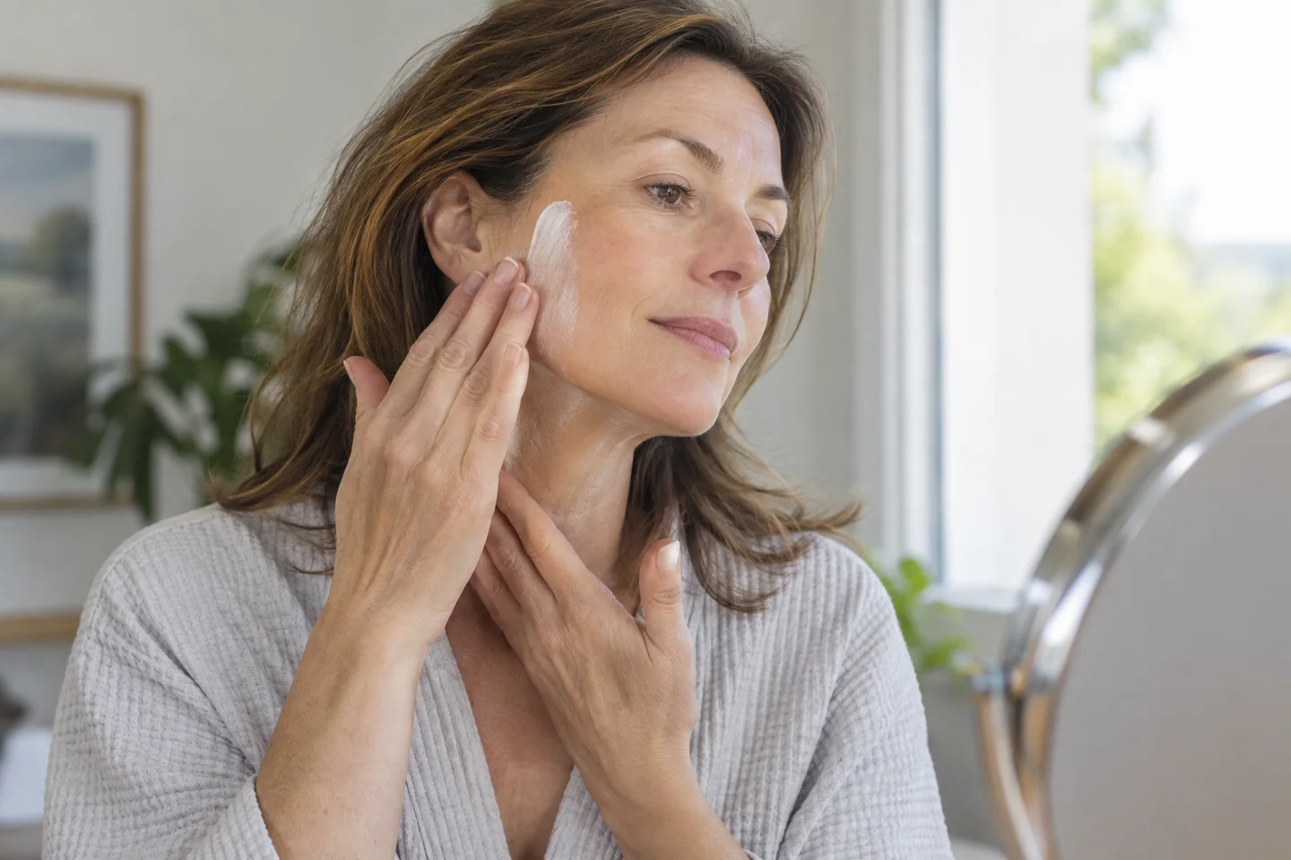 A woman applies sunscreen to her cheek and neck in natural daylight