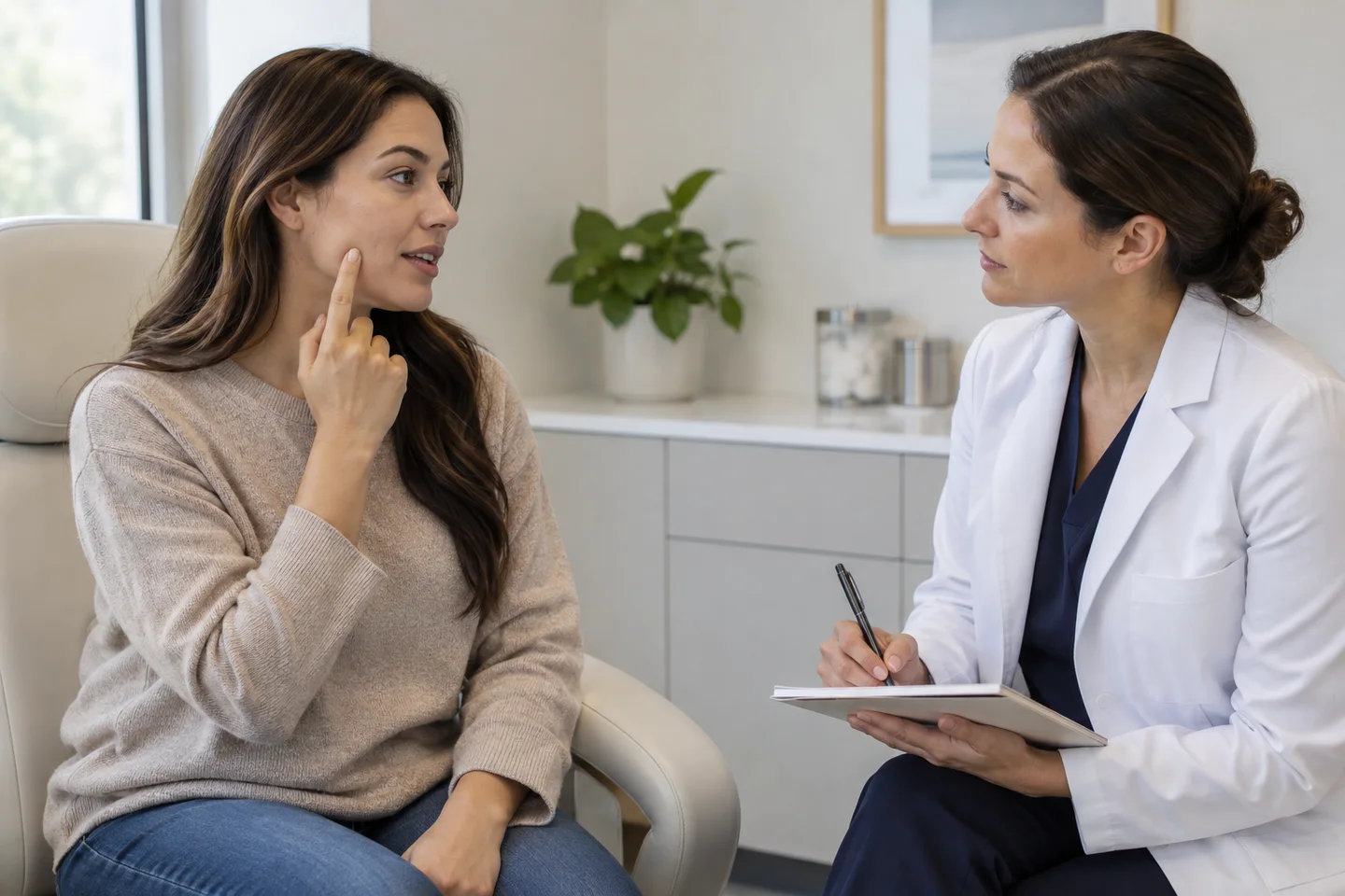 A patient discusses treatment comfort with a clinician before a procedure