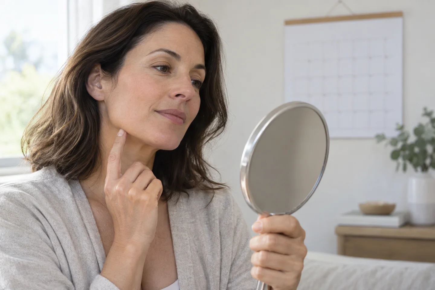 A woman checks her jawline in a mirror with a calendar in the background