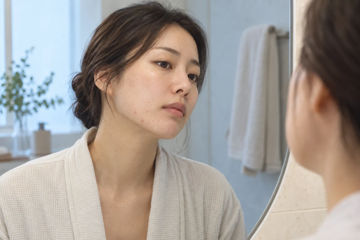 성인 여드름이 보이는 볼과 턱선을 거울로 확인하는 모습. 시술 결과 사진 아님