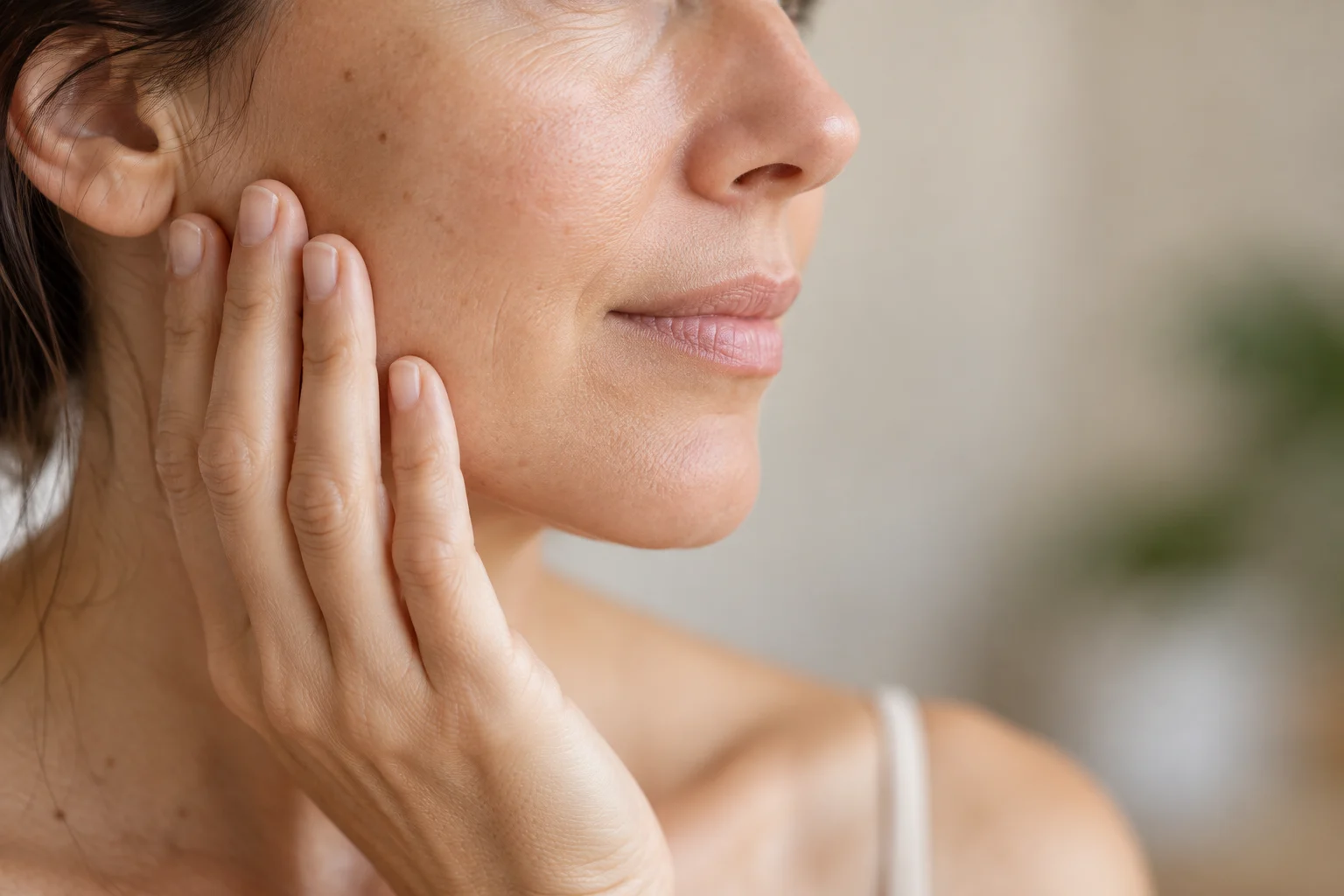 A close-up view of natural facial skin with a hand resting gently along the cheek